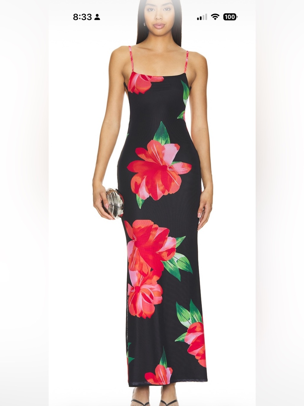 superdown Black Slip Mesh Maxi Dress with Red Floral Print